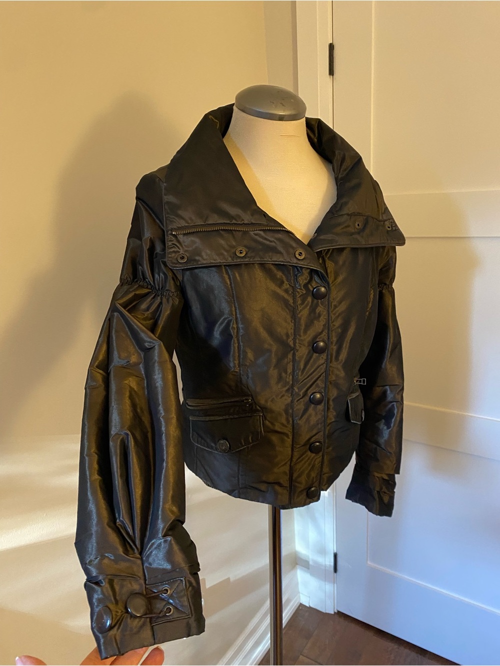 Danier Black Button-Front Leather Jacket with Wide Collar
